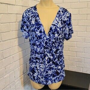 Cable & Gauge Blue & White Abstract Print Wrap Top - Size XL